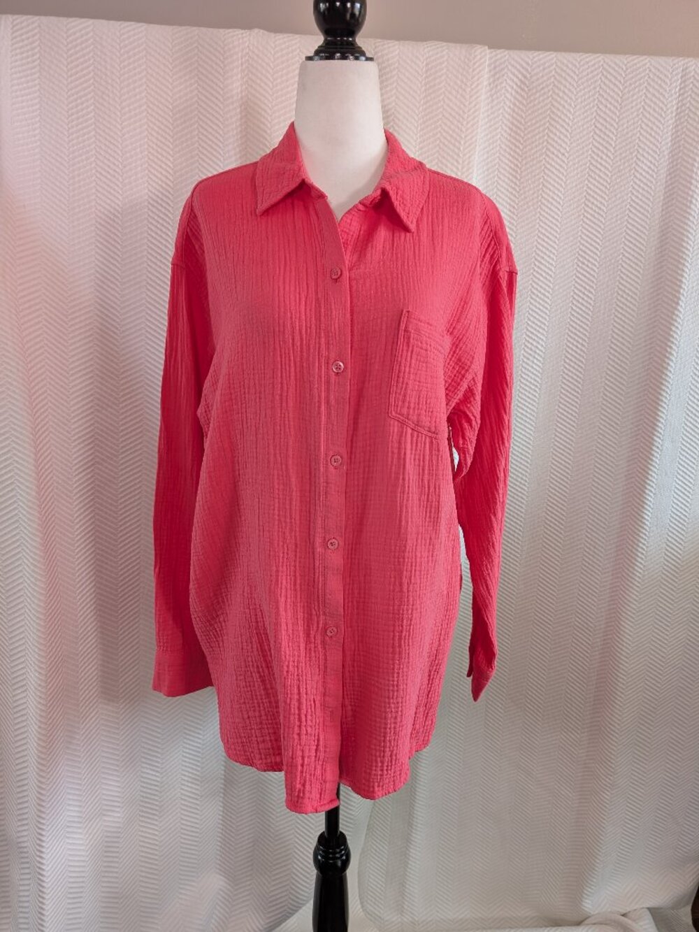 Rachel Roy Button-Down Oversized Long Sleeve Shirt Cotton Gauze Coral Size Large